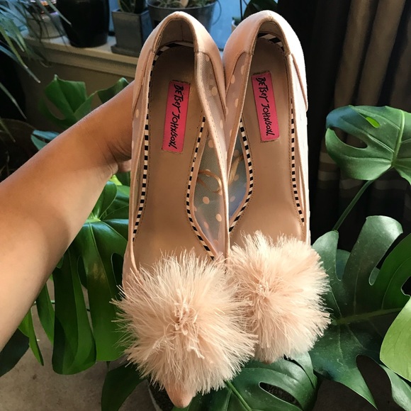 Betsey Johnson Shoes - Betsy Johnson Pink Pom Mesh Heels